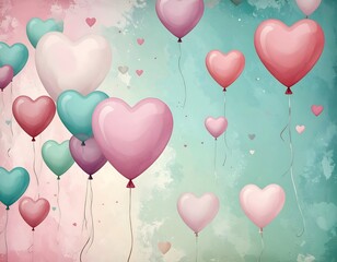 Whimsical and charming heart balloons soar in a dreamy pastel sky, symbolizing love, joy, and celebration