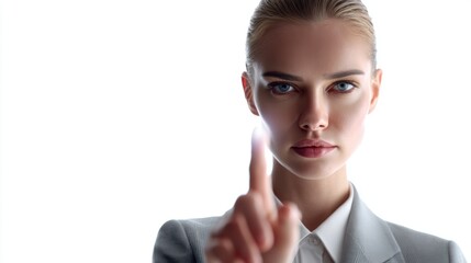 A businesswoman points with her finger toward an invisible object on a white background. She is interacting with futuristic technology, possibly a holographic screen.