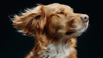 Golden dog with glowing fur and gentle breeze moving its ears, close up on black background, calm and serene expression, high detail and soft lighting