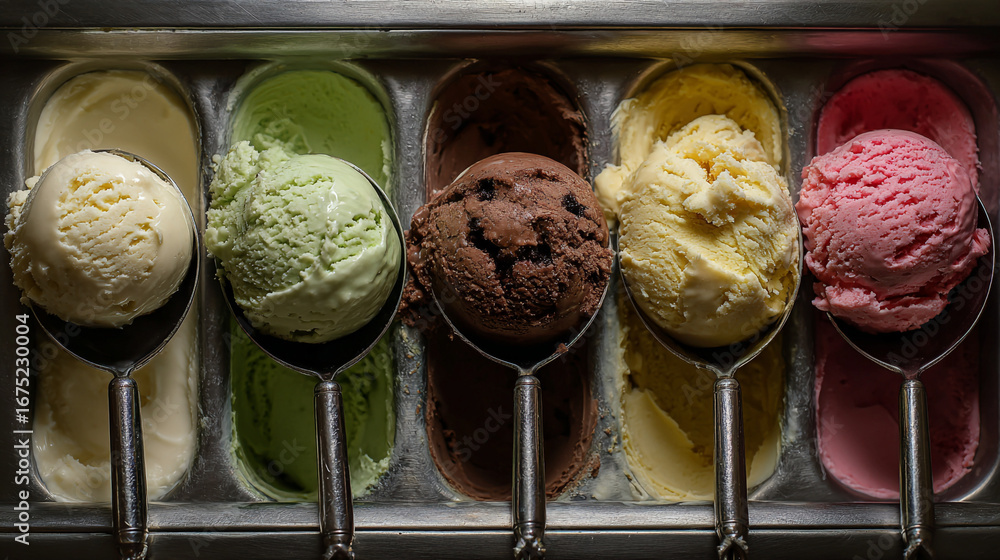 Poster a top down view of five tubs of ice cream with scoops in each tub in a metal container display