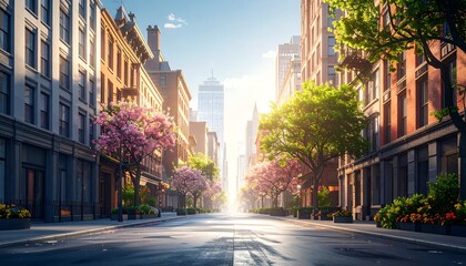 City street lined with buildings and trees in spring