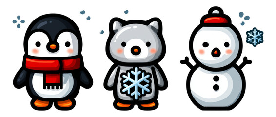 Fototapeta premium Cute Cartoon Characters of Penguin, Bear, Snowman