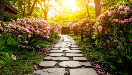 Obraz premium Enchanting Garden Path Bathed in Golden Sunlight.