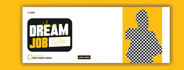 Dream job fair poster with a smartphone displaying a checkered pattern and text about job opportunities