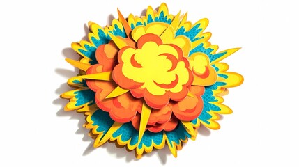 A dynamic aerial depiction of a round explosion spreading evenly outward with smoke, fire, and high-energy blast textures.