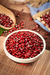 Fresh Red Kidney Beans in Wooden Bowls - Organic Farm Legumes and Healthy Grains on Natural Bamboo Background
