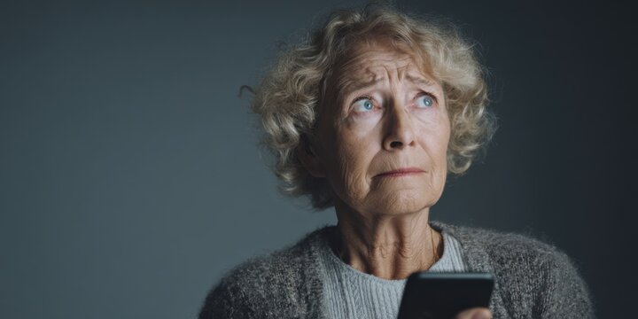 A senior woman with a smartphone looks away with a contemplative expression. She is reflecting on a serious thought, perhaps confused or uncertain about a digital task.