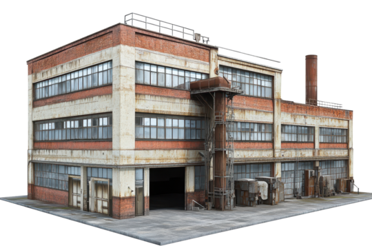 Modern factory building featuring industrial architecture with weathered brick exterior and large windows in a well-lit environment