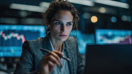 A female stock market trader is working on a laptop surrounded by glowing screens with financial charts. She is focused on analyzing data.
