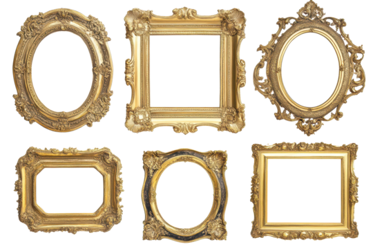 Collection of antique golden photo frames showcasing intricate designs and varying shapes ideal for artistic display and decoration in vintage-themed settings