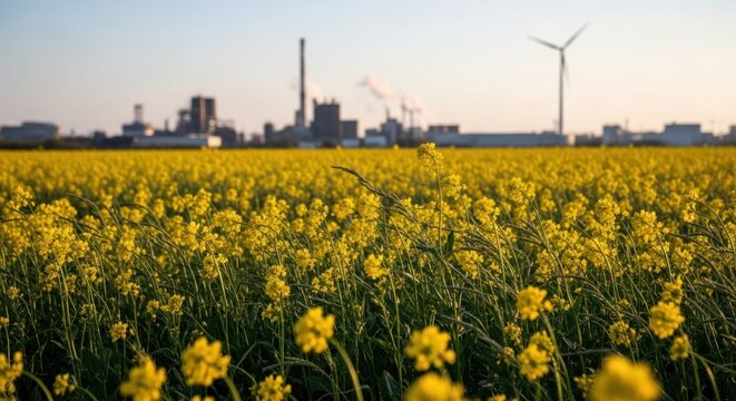 Yellow canola field with industrial skyline in background