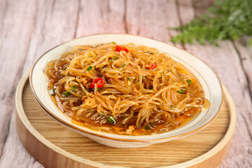 Stir Fry Sweet Potato Vermicelli with Minced Pork and Vegetables Asian Noodle Dish
