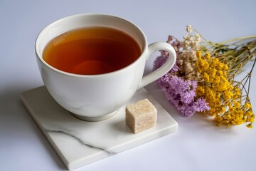 A comforting cup of warm amber tea rests on a white saucer next to a sugar cube and a delicate bouquet of dried wildflowers on a white background