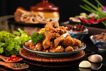 Spicy Braised Tripe Traditional Asian Dish with Fresh Herbs and Chili Peppers on Rustic Wicker Plate