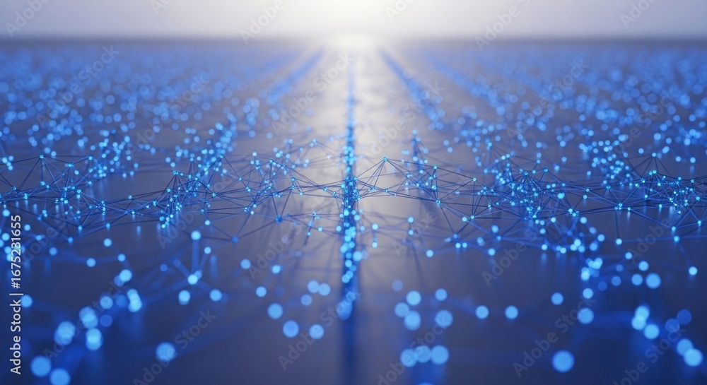Poster abstract network; interconnected glowing nodes and lines fading into distant light