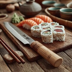 Sushi rolls and sashimi arranged with bamboo knife high resolution picture