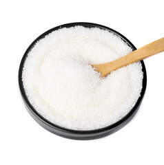 Fine Granulated White Cane Sugar in Black Bowl with Wooden Spoon on White Background