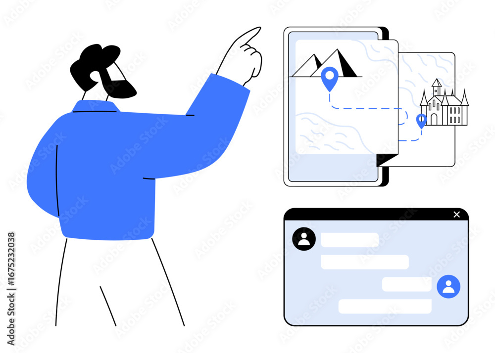 Poster person pointing at map with location details and routes on mobile screen beside messaging interface.