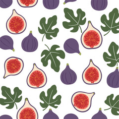 Pattern of figs and leaves on a white background. Figs are whole and sliced, revealing their red interior.