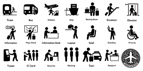 交通機関と旅行のピクトグラムセット、Transportation and Travel Pictogram Set © MEG-MEG