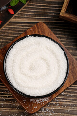 Fine White Sugar Cane Crystals in Bowl on Wooden Board - Yunnan Bai Lian Edible Sweetener