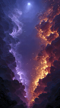 Persian Myth・Spiritual Light-Dust Battle | Golden Photon Streams Clashing with Violet Dark Matter in Nebula, Fire Altar at Convergence, Simurgh Silhouette from Sparks