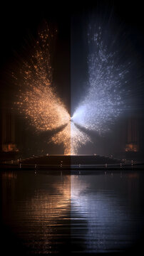 Persian Myth・Spiritual Light-Dust Battle | Golden Photon Streams Clashing with Violet Dark Matter in Nebula, Fire Altar at Convergence, Simurgh Silhouette from Sparks