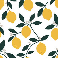 A cheerful lemon pattern featuring ripe lemons on branches with dark green leaves against a white background.