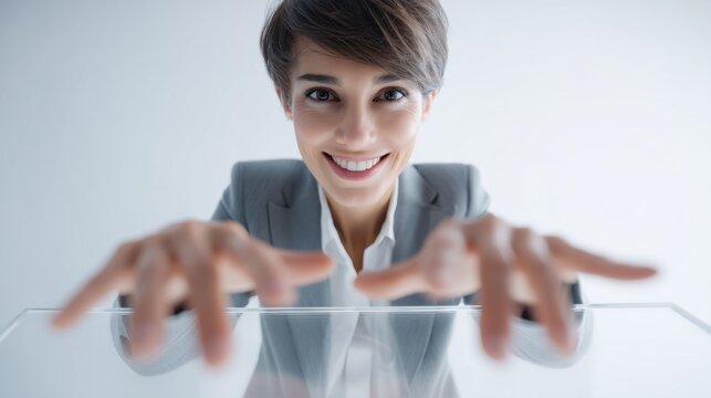 A smiling woman is reaching out her hands as if inviting the viewer to join her. The image represents concepts of welcome, invitation, and positive emotion.