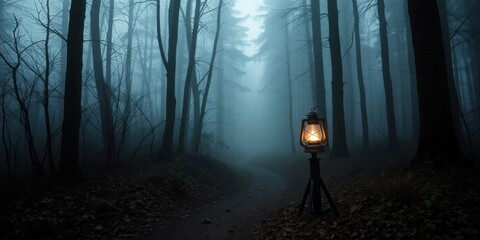 Mysterious glowing lantern illuminates a dark and foggy forest path creating an eerie atmosphere