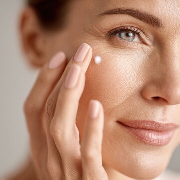 Close-up of a middle-aged woman applying anti-aging cream to her face. She is carefully dabbing the cream around her eye.