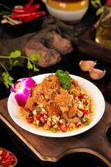 Spicy Tripe Salad with Chili Peppers and Peanuts Ready to Serve on Wooden Board