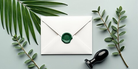 Elegant white envelope with green wax seal surrounded by tropical leaves and stamp on light pastel background for eco invitation