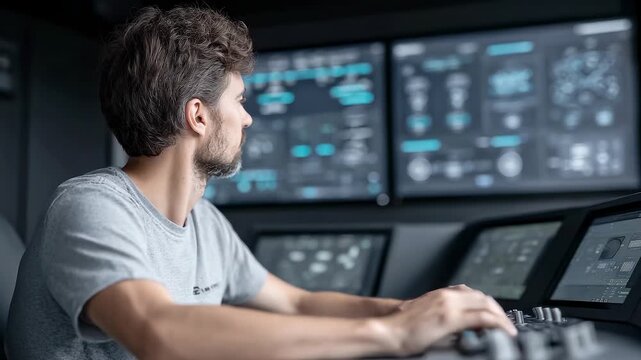 Focused Technician Operates Precision Console