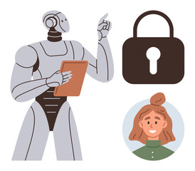 Robot holding tablet pointing towards lock and smiling person, emphasizing AI security, privacy protection. Ideal for technology, cybersecurity, artificial intelligence, digital privacy, innovation