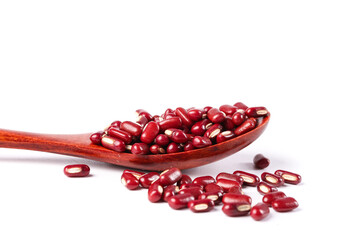 Red Adzuki Beans in Wooden Spoon on White Background Studio Shot