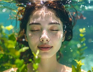 A photorealistic underwater portrait of a woman with aquatic plants, peaceful facial expression, gentle bubbles around, cinematic lighting, high-resolution fine art photography style.