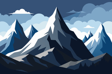 Stylized snowy mountain range under a cloudy sky