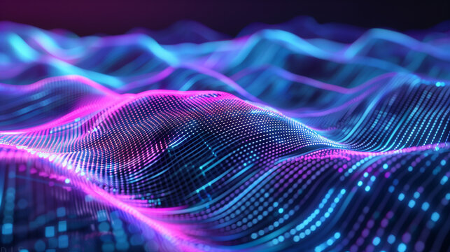 This artwork features a mesmerizing abstract background that highlights glowing waves in vibrant hues of pink and blue. It evokes a sense of advanced technology and futurism in a digital landscape
