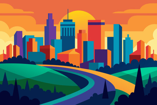 Vibrant cityscape at sunset with winding road