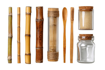 set of bamboo and glass eco products isolated on white background zero waste kit