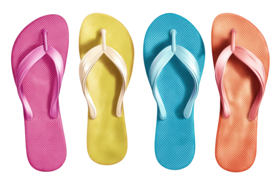Colorful flip flops arranged in vibrant hues perfect for beach outings and summer adventures - Powered by Adobe