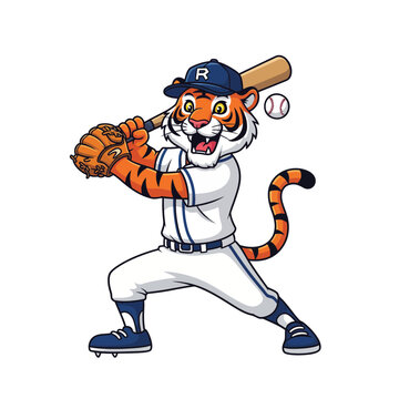 Cartoon tiger mascot in a baseball uniform swinging a bat. An illustrated animal character athlete hitting a ball, perfect for a sports team logo
