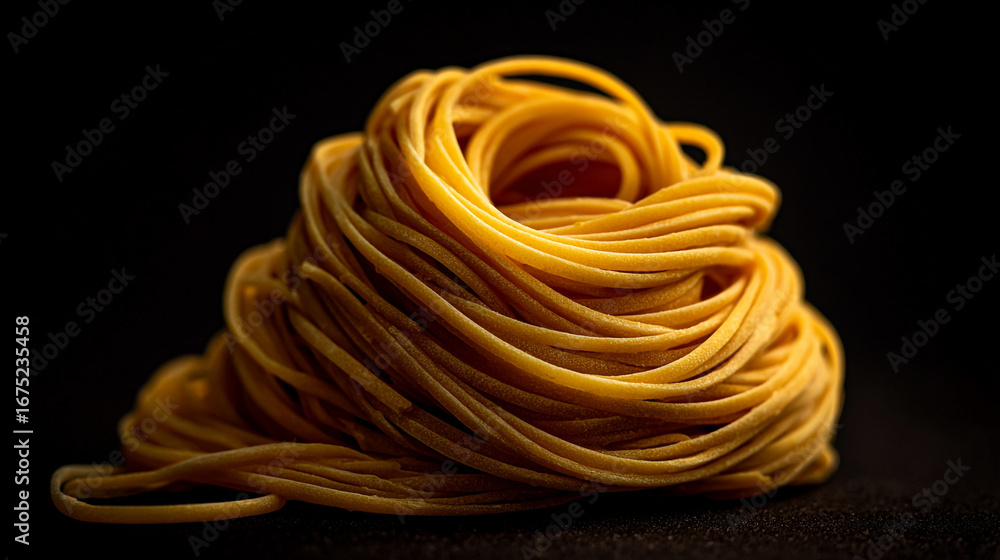 Aufkleber a close up shot of a nest of uncooked pasta against a dark background in a studio setting