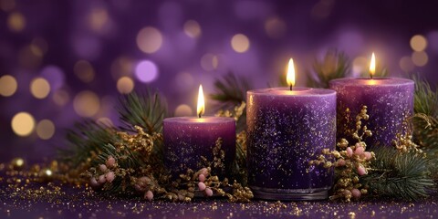 Three lit purple advent candles with flickering flames surrounded by evergreen branches and bokeh lights