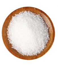 White Granulated Cane Sugar in Wooden Bowl on White Background