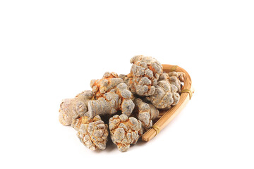 Wenshan Yunnan Panax Ginseng Roots in Bamboo Basket - Traditional Chinese Medicinal Herb on White...