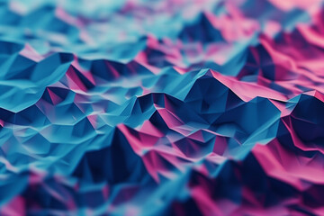 Colorful crystal waves undulate in a low-poly style, blending vibrant pastel gradients of blue and pink. The abstract formation captures an immersive sense of fluidity and texture across the surface