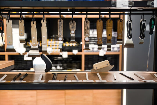 Wooden and plastic handled spatula tools hanging on display in a hardware store, used for stretch ceiling installation and PVC film fitting.