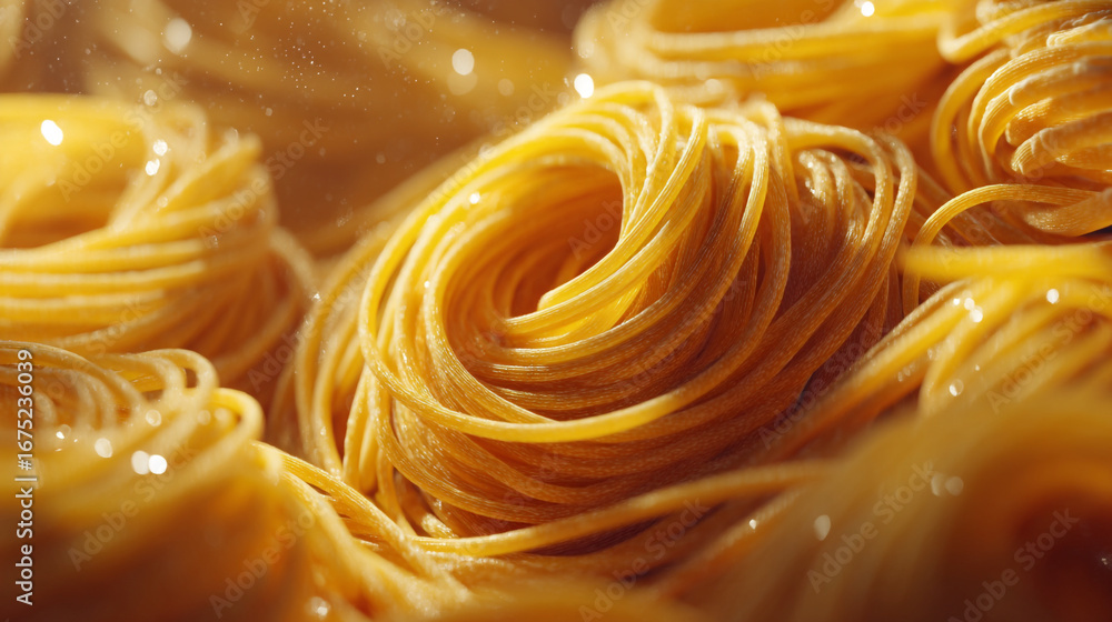 Poster close up of several nests of uncooked pasta with a warm golden hue and shallow depth of field focus
